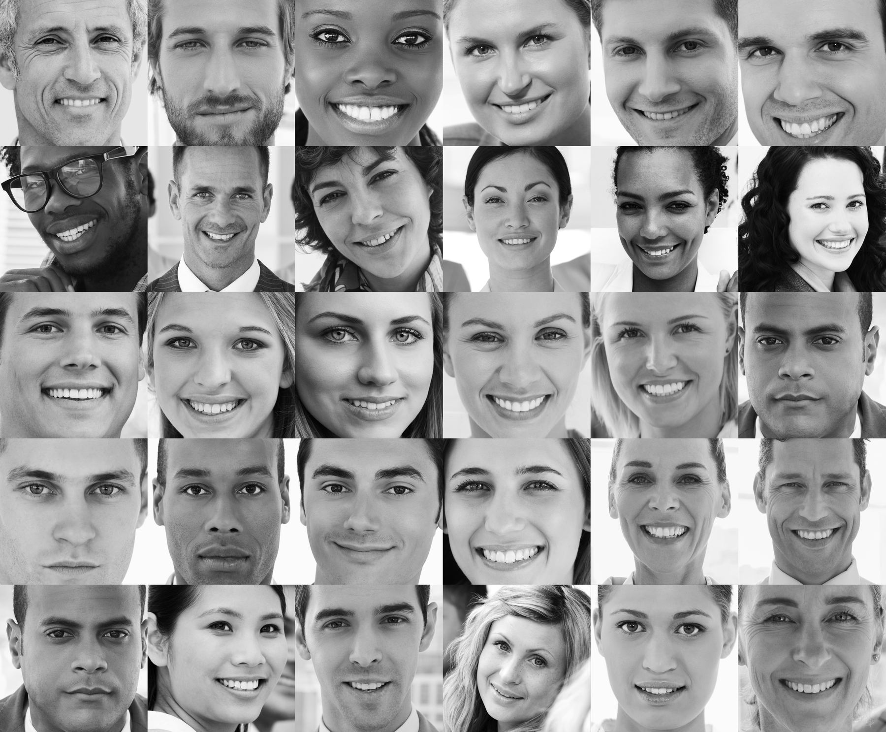 Cohorte sintética de 30 rostros generados por IA: muestra demográfica diversa en edad, género y origen — el material en bruto que Gōsai estructura en arquetipos comportamentales.