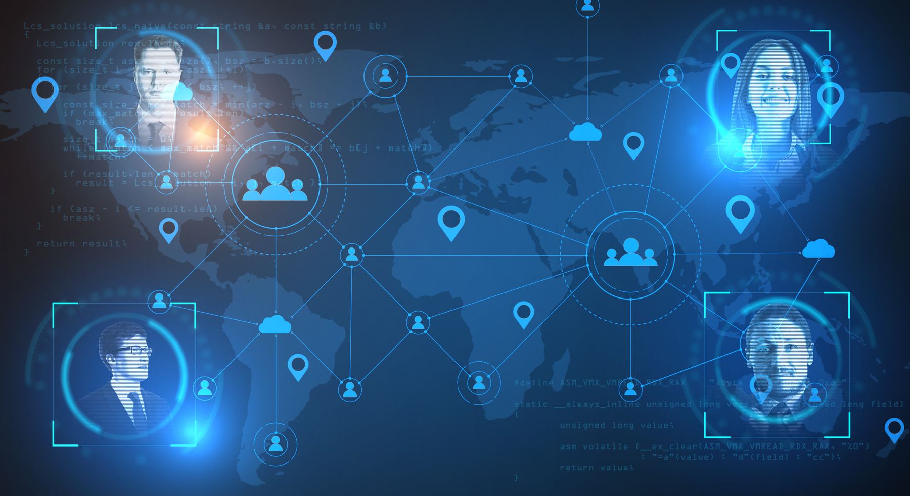 Visualización de red global de datos y personas conectadas — la inteligencia distribuida que Gōsai modela para anticipar comportamiento, churn, fraude y oportunidad de mercado.